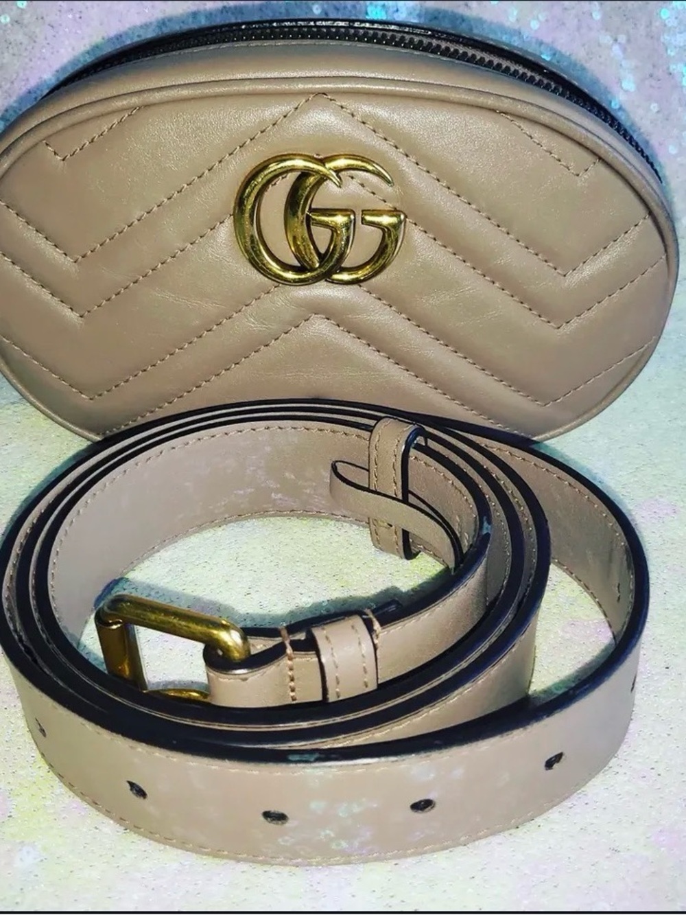 Gucci Beige Quilted Leather Belt Bag with Gold Double G and Matching Belt